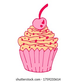 Vector pink cupcake illustration with cherry. Hand drawing food doodle on white background. Line art for bakery logo, wedding invitation, print design.