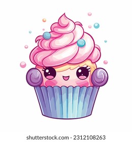 Vector pink cupcake illustration with cherry. Hand drawing food doodle on white background. Line art for bakery logo, wedding invitation, print design.