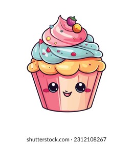 Vektorrosa Cupcakes-Illustration mit Kirsche. Hand, die Essen doodle auf weißem Hintergrund zeichnet. Line Art für Bäckerei Logo, Hochzeitseinladung, Print-Design.