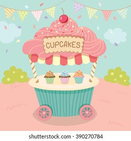 Vector pink cupcake push cart on blue background party.Pastel color cute style.