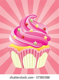 vector pink cupcake with sprinkles, on retro background