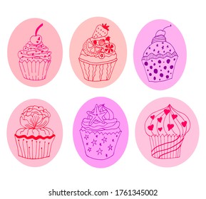 Vektorrosa Cupcakes in Kreisen gesetzt. Hand zeichnet doodle Illustration auf weißem Hintergrund. Line Art für Bäckerei Logo, Hochzeitseinladung, Print-Design.