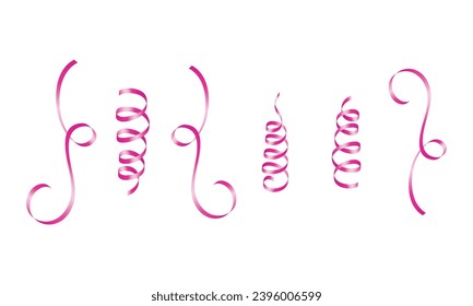 Vector pink curled ribbons serpentine realistic set.