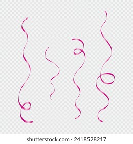 Vector pink curled ribbons serpentine realistic set