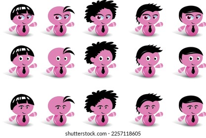 Vector pink cute cartoonish mascot in different poses with different styles