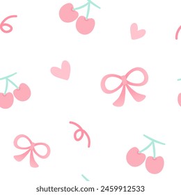 Vector Pink cute coquette bow and cherry pattern seamless for textile, fabric, wallpaper, wrapping on white background