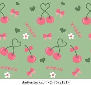 Vector Pink cute coquette bow and cherry pattern seamless for textile, fabric, wallpaper, wrapping on white background
