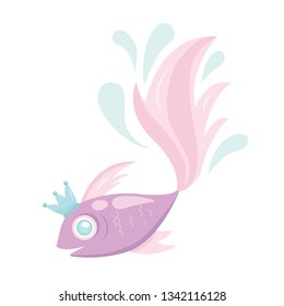 Vector pink cute fish illustration. Cartoon flat. 