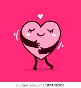 Vector pink cute happy heart character with hands hugging self on red background