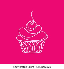 vector pink cute illustration of a cake drawn in one line.