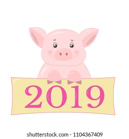 Vector pink cute piggy smiles and congratulates on the new year 2019, isolate on white background