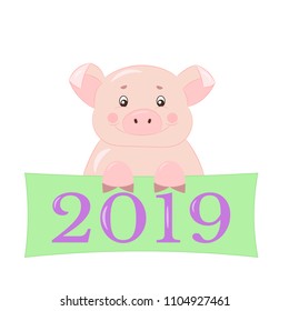 Vector pink cute piggy smiles and congratulates on the new year 2019, isolate on white background