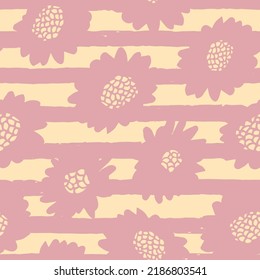 Vector pink daisies striped yellow repeat pattern