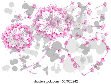 vector pink dandelions silhouettes and heart shape of flying seeds isolated on white background with gray ink blots