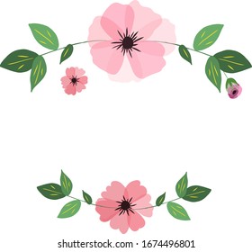 Vector pink decorative floral romantic frame, banner, template,border. Romantic spring pink flowers and leaves. Design for cards, invitations, letters. Hello spring, summer.