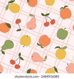 Vector pink diagonal linear grid and fruits seamless pattern. Vector stylized fruit onLight pink plaid hand-drawn seamless print design for tablecloth and kitchen tea towels. Food illustration