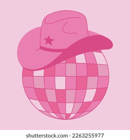 Balón de disco rosa vector con sombrero de vaquero. Ilustración de vaca, fiesta de retro disco