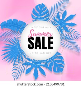 Vector Pink Discount Banner. Blue Tropical Leaves. Text Summer Sale. White Circle. Exotic Poster.