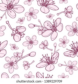 Vector Pink Dogwood Flower Blossoms Seamless Pattern Texture Background. Perfect For Wallpaper, Scrapbooking, Invitations, Or Fabric.