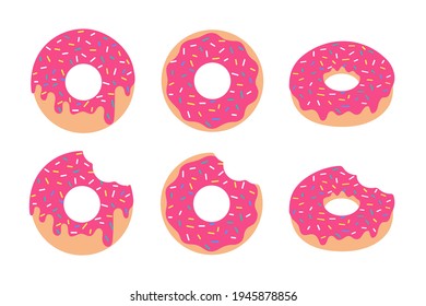 Vector Pink Donut Strawberry Flavor Bitten Sprinkle the crust on top. Isolated on white background