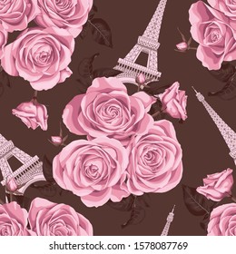 Vector pink Eifel Tower Paris and roses flowers on a brown background. Seamless Repeat Pattern.