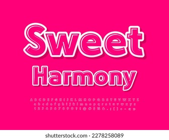 Emblema rosa vectorial Armonía dulce con fuente brillante rosa. Letras, números y símbolos luminosos de alfabeto