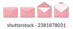 Vector Pink Envelopes with Blank Letter. Folded, Unfolded Isolated Envelope Set. Design Template. Message, Notification, Mailing, Surprise and Congratulations Concept