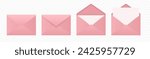 Vector Pink Envelopes with Blank Letter. Folded, Unfolded Isolated Envelope Set. Design Template. Message, Notification, Mailing, Surprise and Congratulations Concept
