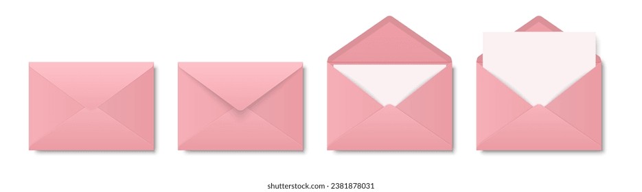 Vector Pink Envelopes with Blank Letter. Folded, Unfolded Isolated Envelope Set. Design Template. Message, Notification, Mailing, Surprise and Congratulations Concept