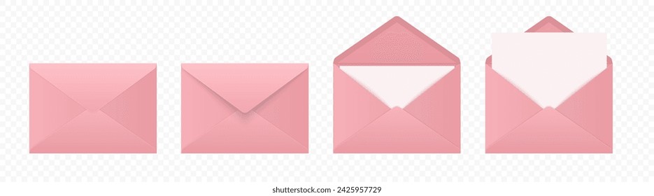 Vector Pink Envelopes with Blank Letter. Folded, Unfolded Isolated Envelope Set. Design Template. Message, Notification, Mailing, Surprise and Congratulations Concept