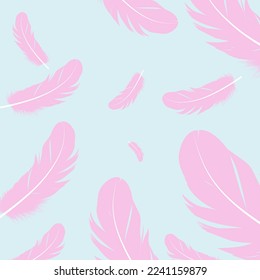 Vector pink feathers on isolated blue background