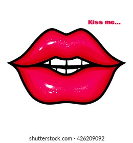 Vector pink female lips. Glow design. Sweet kiss. Glamour vector illustration. Black and pink. Trendy design.