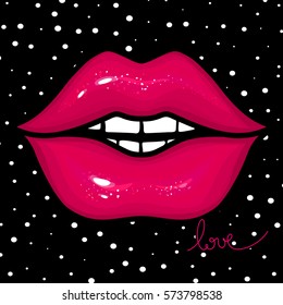 Vector pink female lips. Glow and vivid design. Sweet kiss. Glamour vector illustration in vogue style. Provocative poster. Girl close up. Trendy Fashion card with perfect mouth. 