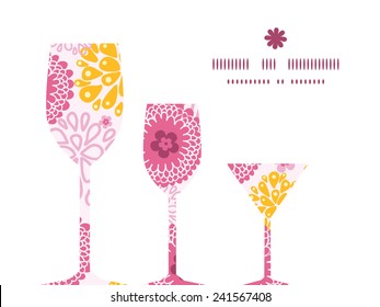 Vector pink field flowers three wine glasses silhouettes pattern frame