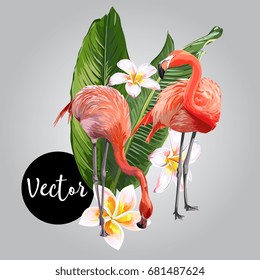 Vector Pink Flamingo With Banana Leaves And Flowers Illustration