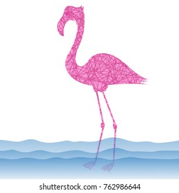 Vector Pink Flamingo Bird in Blue Water on White Background