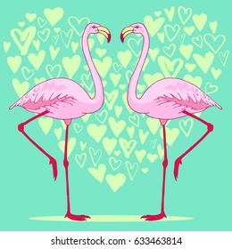 Vector pink flamingo bird couple illustration. Hand drawn sketch with the wild animal. Romantic Valentines day illustration