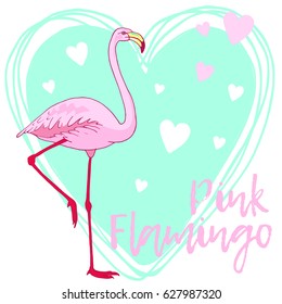 Vector pink flamingo bird illustration. Hand drawn sketch with the wild animal. Romantic Valentines day illustration