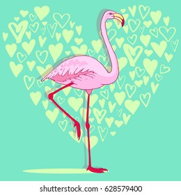 Vector pink flamingo bird illustration. Hand drawn sketch with the wild animal. Romantic Valentines day illustration