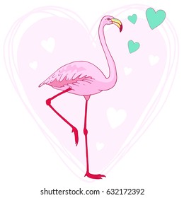 Vector pink flamingo bird illustration. Hand drawn sketch with the wild animal. Romantic Valentines day illustration