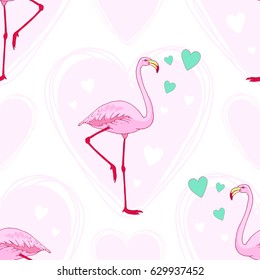 Vector pink flamingo bird seamless pattern. Hand drawn sketch with the wild animal. Romantic Valentines day style design with birds and hearts