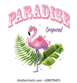 Vector pink flamingo with exotic tropical leaves. Logo, emblem for spa and resort.