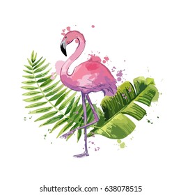 Vector pink flamingo with exotic tropical leaves isolated on a white background.
