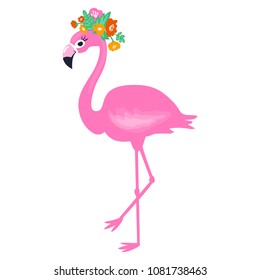 Vector Pink flamingo isolated on white background. Summer illustration. Tropical bird. Animal exotic. Element for print design, greeting card, baby shower, party decorations.  Cute flamingo.