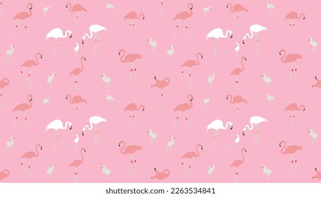 Vector pink flamingo seamless pattern. Summer tropical background. elegant flamingo birds family.
