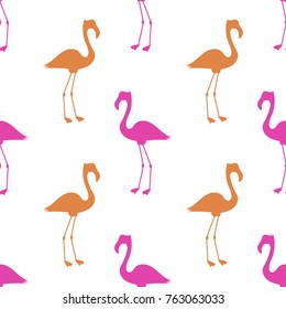 Vector Pink Flamingo Seamless Pattern on White Background. Bird Silhouette Texture