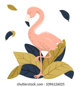 Vector pink flamingo standing among leaves. Tropical bird illustration, summer style design for greeting card, prints, invites, cover, background