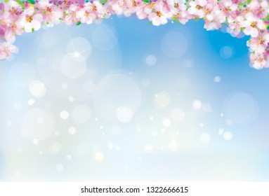 Vector pink, floral border, blossoming sakura tree on blue sky background, bokeh effect. Spring background.