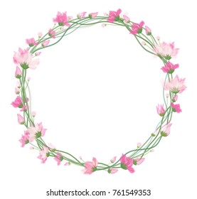 Vector pink, floral circle frame isolated.
