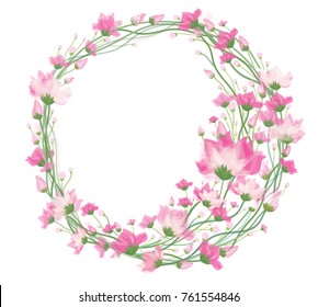 Vector pink, floral circle frame isolated.
